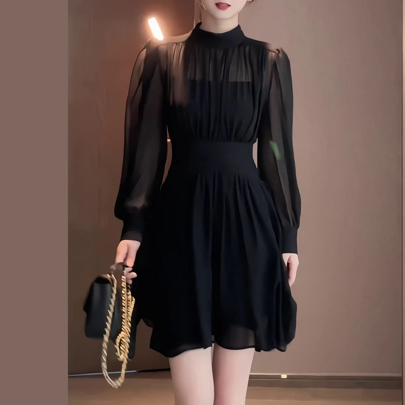 赫本风贵气千金松紧腰短裙秋款高腰大码女装连衣裙修身裙子收腰