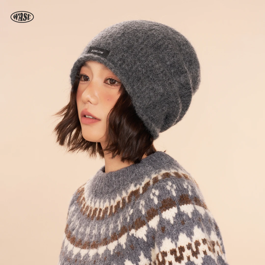 灰色卷边毛线堆堆帽子女秋冬高级感保暖防寒针织帽大头围护耳冷帽