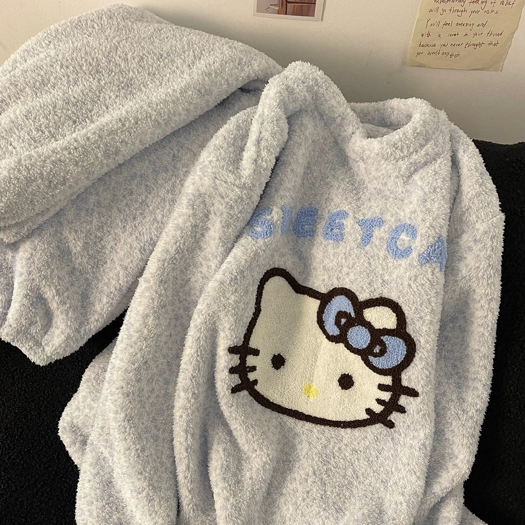 可爱Kitty猫半边绒睡衣女秋冬季加厚保暖韩系珊瑚绒家居服套装