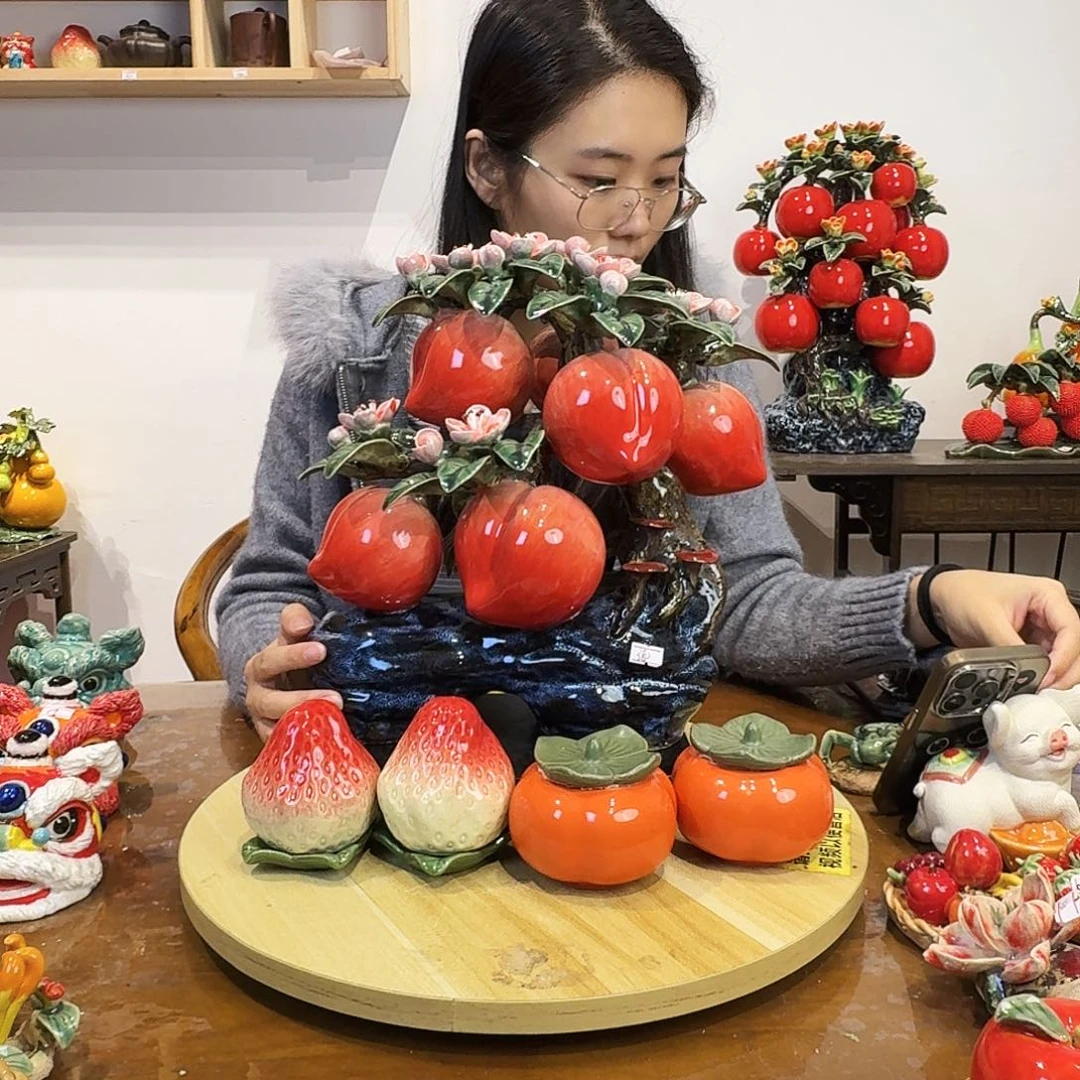 陶瓷六果寿桃树摆件