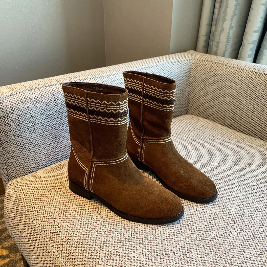 弥笛森系复古牛皮靴子秋冬2025新款美拉德时髦西部靴平底低跟短靴