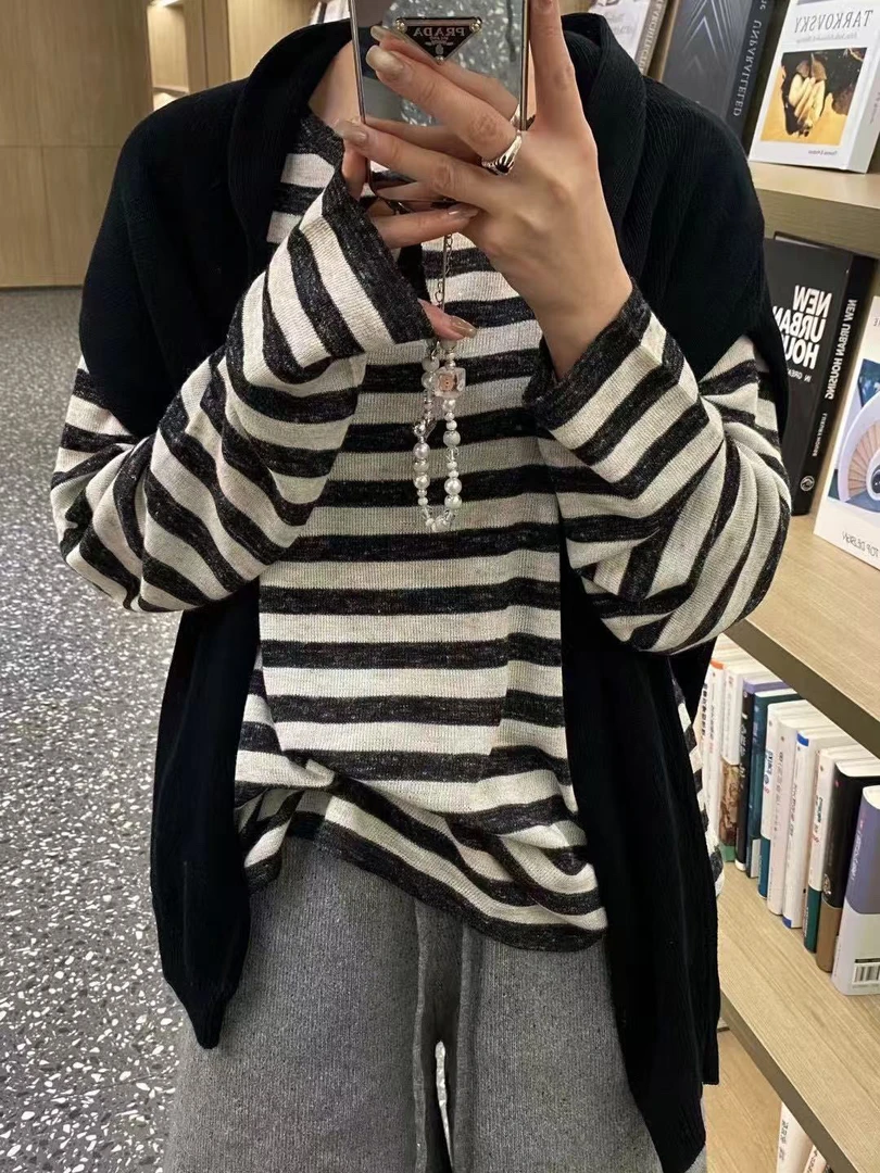 条纹落肩慵懒风韩女舒适透气亚麻➕棉 长袖大T恤