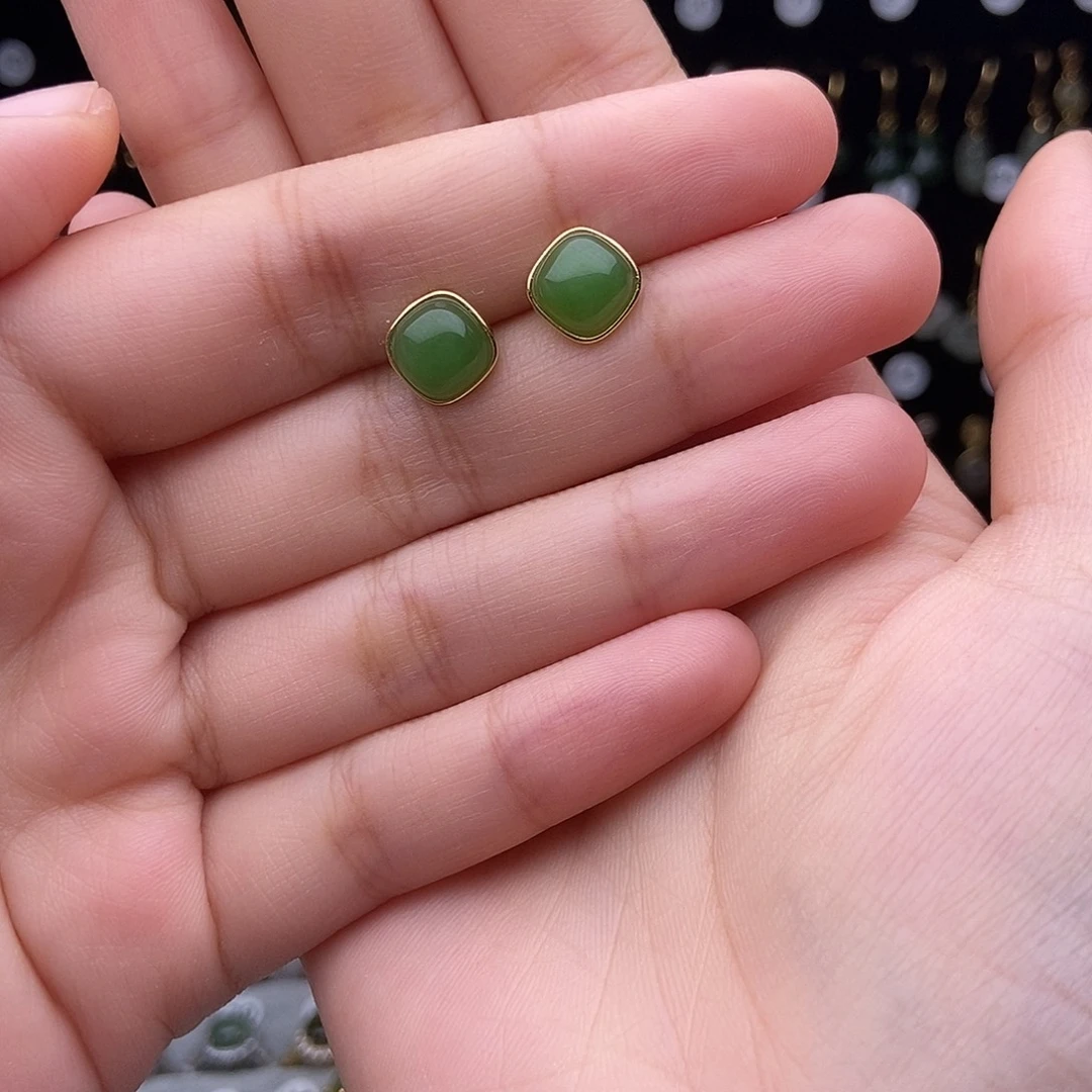 和田玉银S925镀金镶嵌耳饰