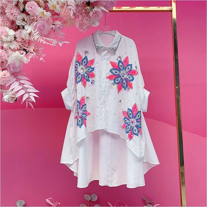 A1398欧美设计师2025夏季新款重工彩色刺绣亮片大花时尚个性衬衫