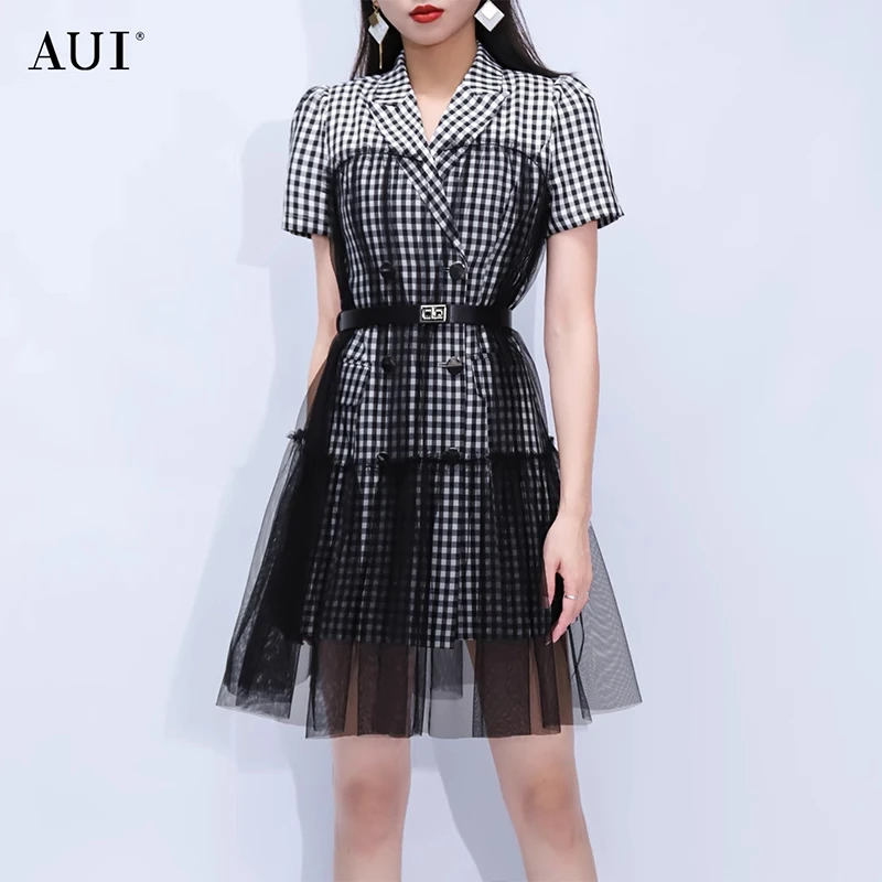 【诗语专属】AUI黑白格网纱西装式连衣裙小个子显高-22F010975