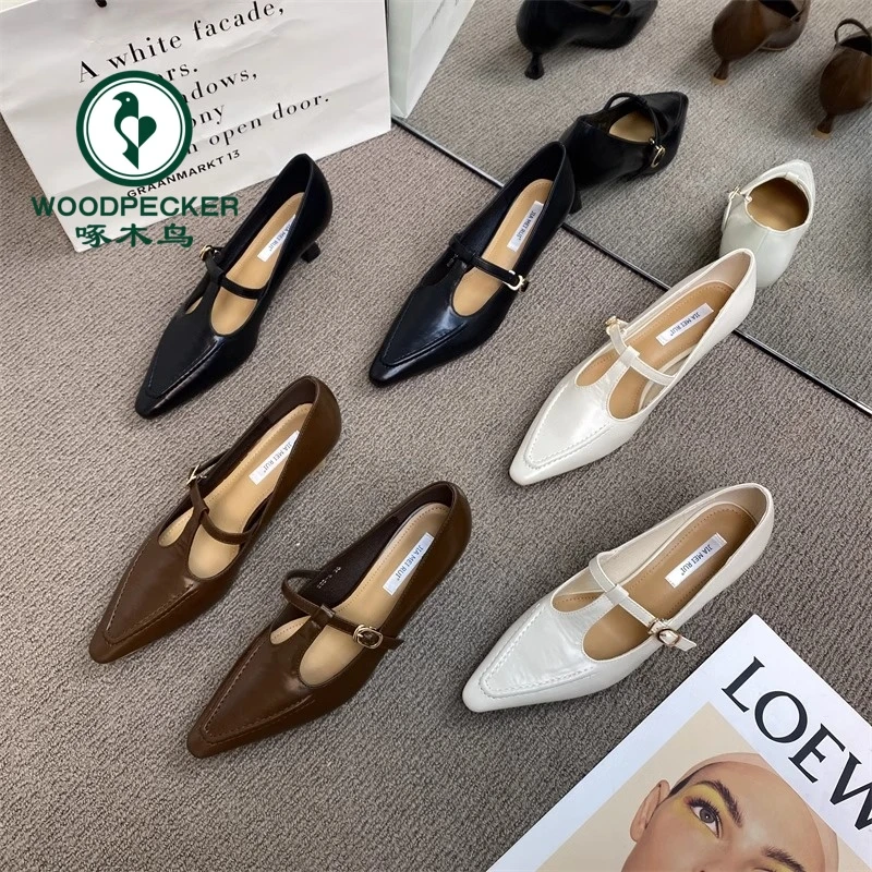 啄木鸟2025春夏新品单鞋女黑色镂空尖头细跟浅口玛丽珍鞋小众显白