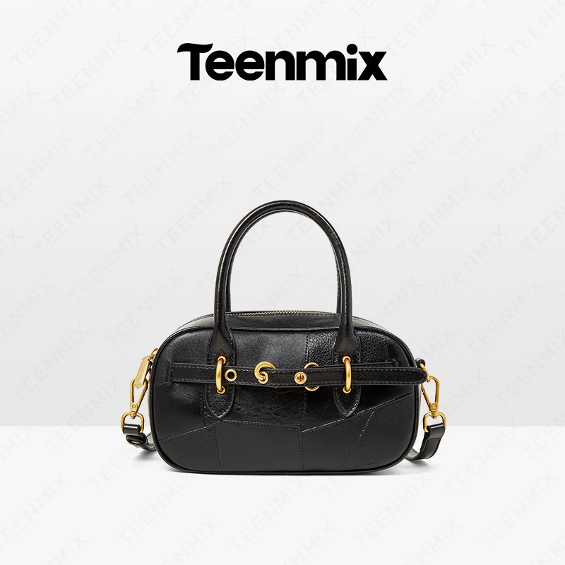 天美意女包2025新款小包雅丹风枕头包牛皮单肩手提保龄球包斜挎包