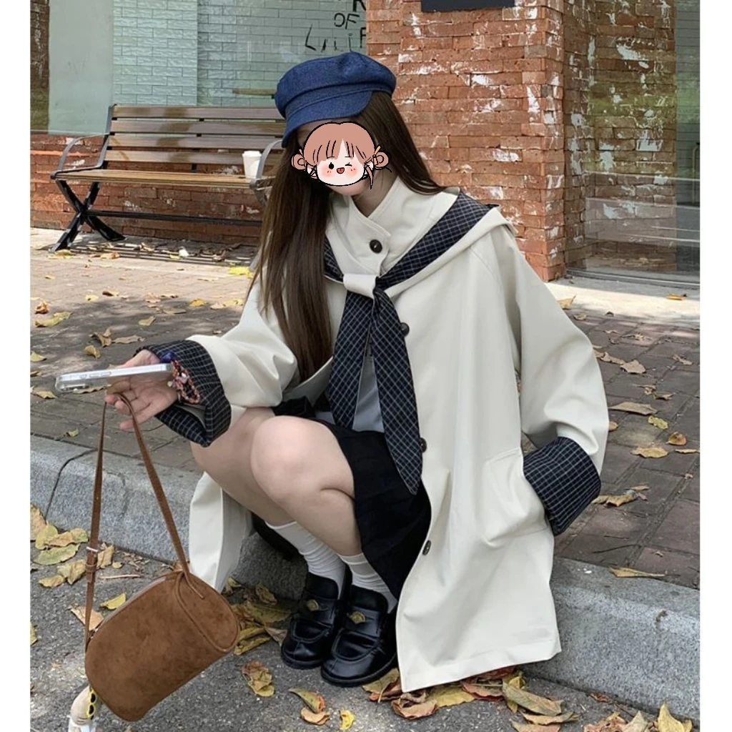 韩系可脱卸连帽风衣外套女2025新款秋季宽松休闲中长款风衣
