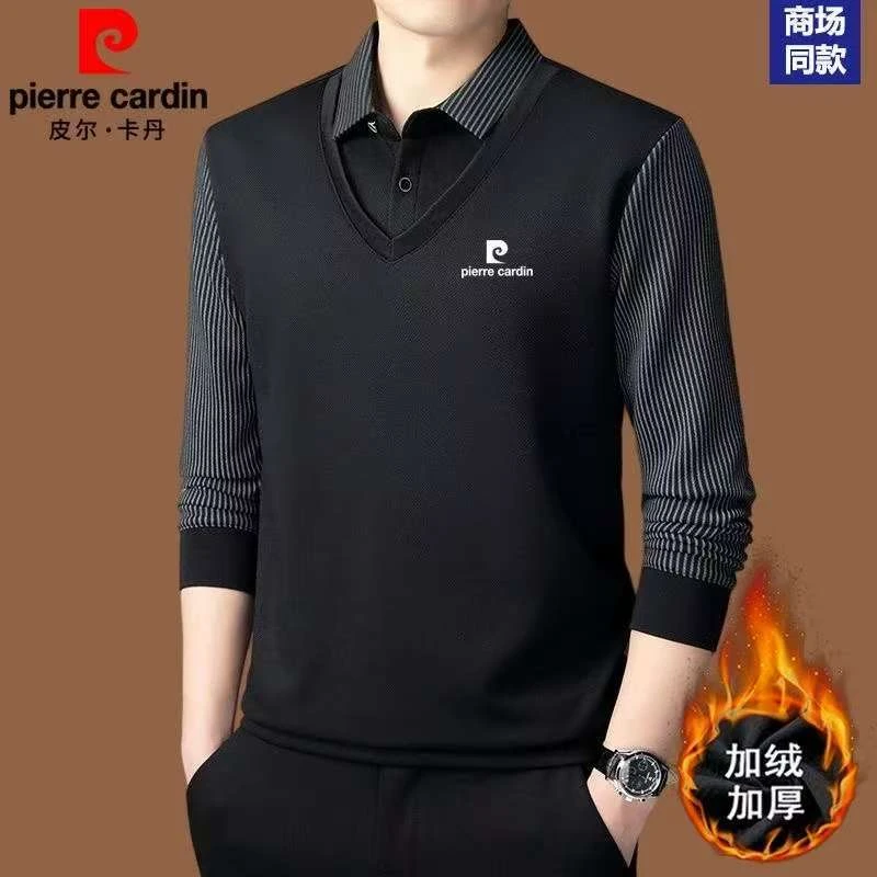 皮尔卡丹打底秋季冬季加厚Polo衫长袖加绒假两件免烫保暖针织纽扣