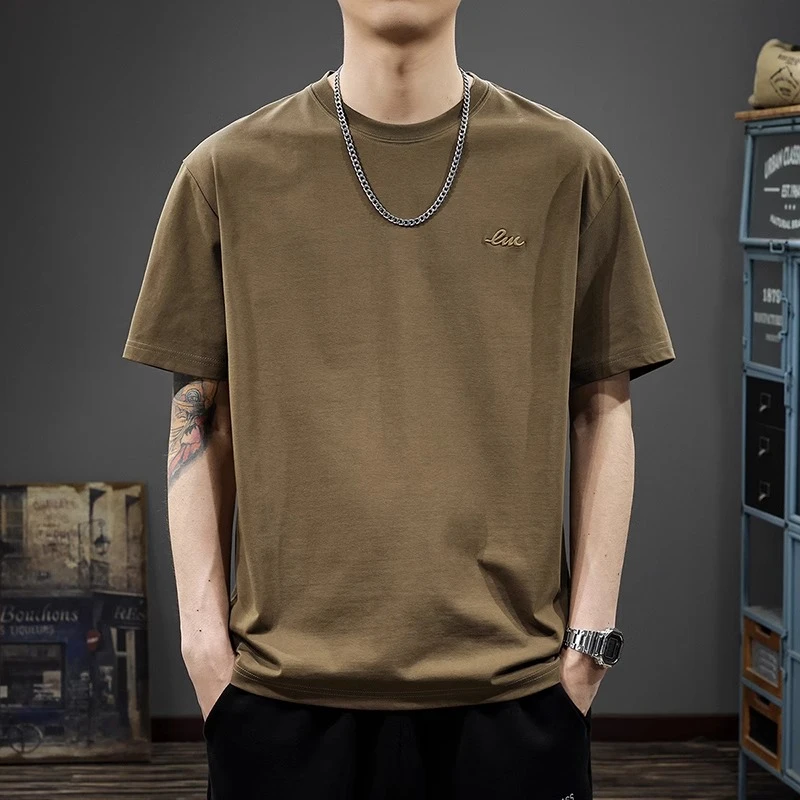 夏季新款美式宽松圆领短袖时尚潮流休闲百搭冰丝凉感简约纯色T恤