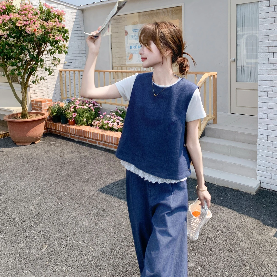 蓝色牛仔马甲T恤直筒裤三件套女2025春新款时尚甜美温柔风套装