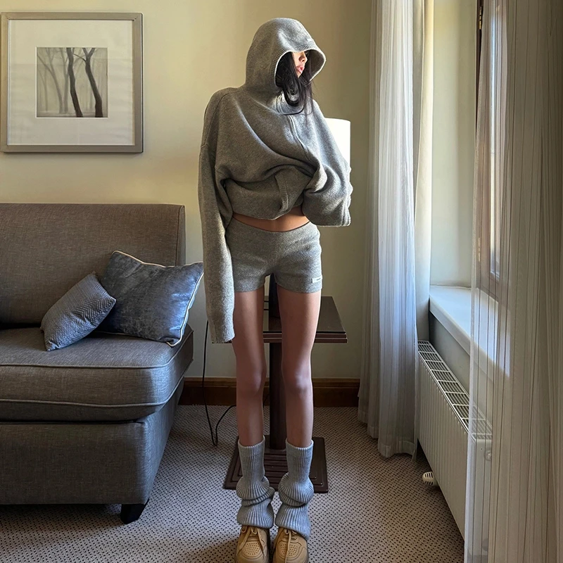 番茄妹妹Tomatosister灰色连帽毛衣秋冬慵懒风针织开衫拉链套装女