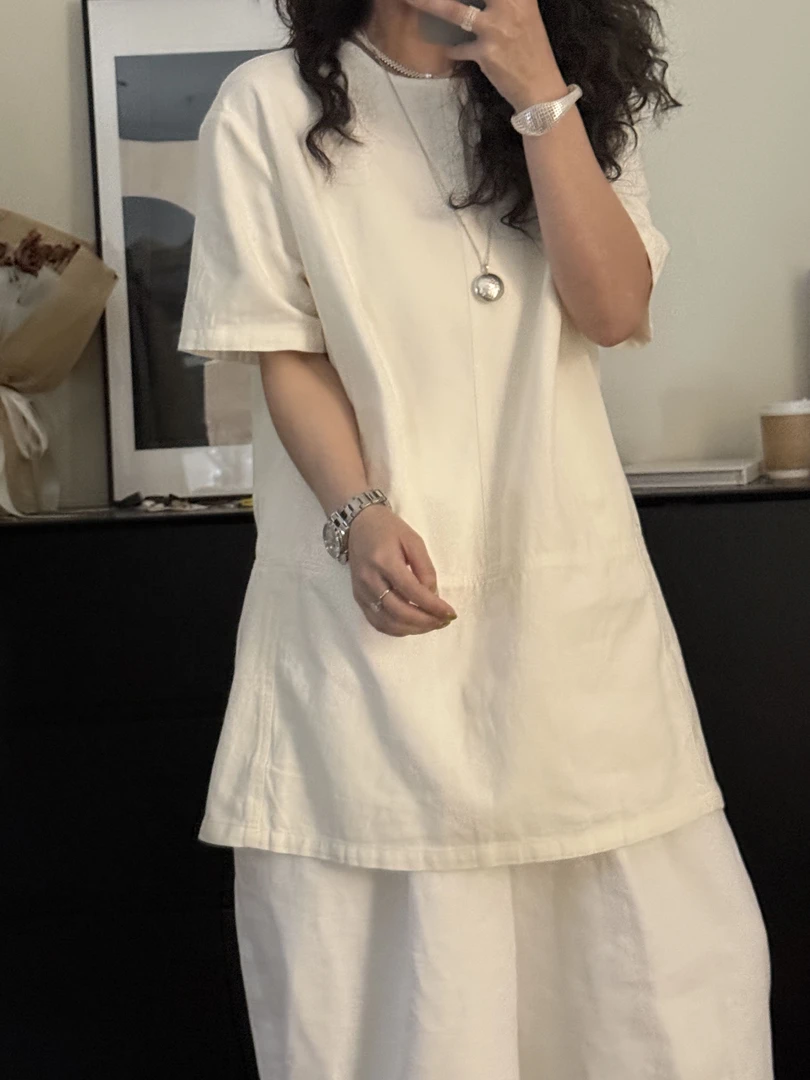 【珍珍.何】定制款韩系极简宽松休闲圆领棉麻遮肉中长裙