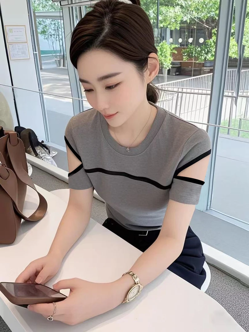 2025夏季美式纯色小众百搭显瘦修身露肩灰色短袖上衣打底衫T恤女