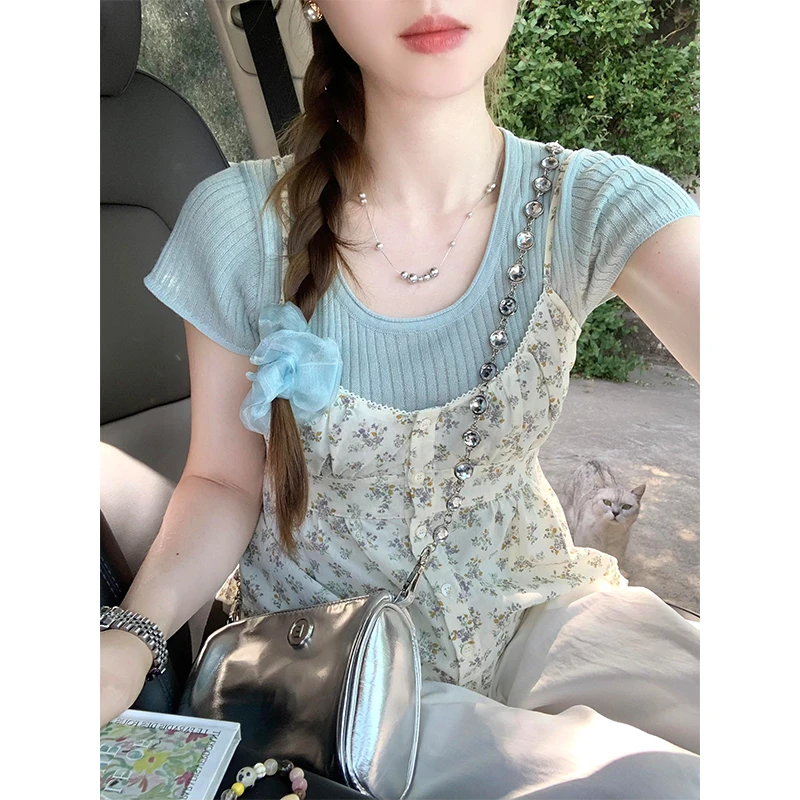 上衣碎花小吊带打底衫外穿蓬蓬背心九分裤高腰直筒阔腿休闲长裤子