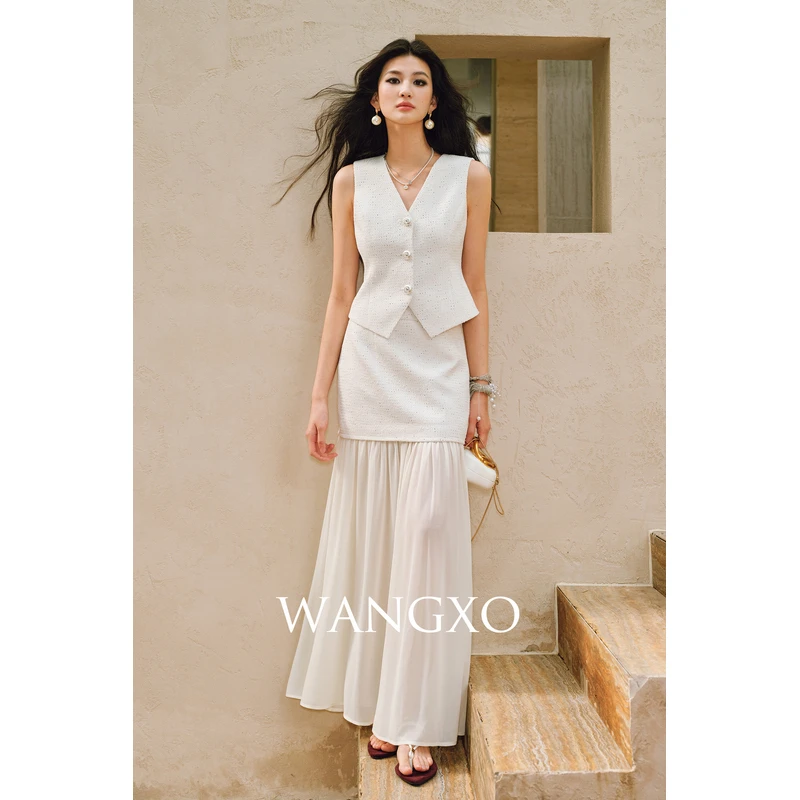 WANGXO  编织亮片小香马甲乔琪纱套装  250326W