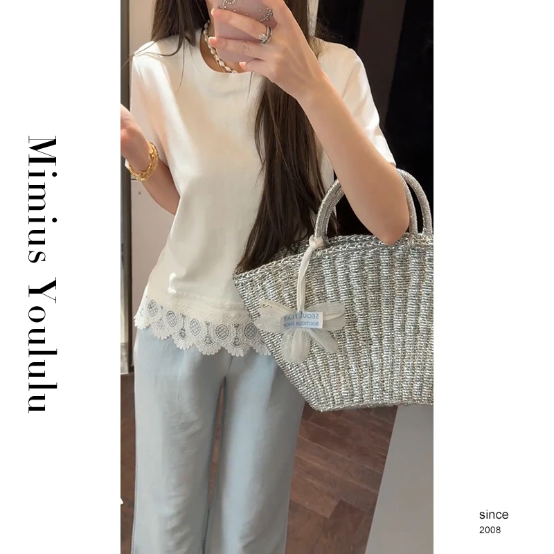 【mimius】喵喵 韩系精致蕾丝下摆时尚通勤圆领T恤 G04325