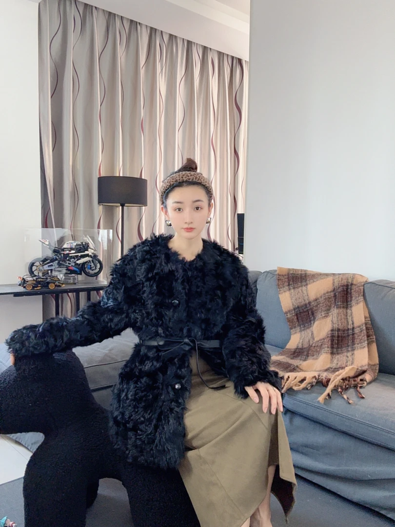 【琪】小湖羊皮毛一体腰带中长款皮草大衣外套女25005