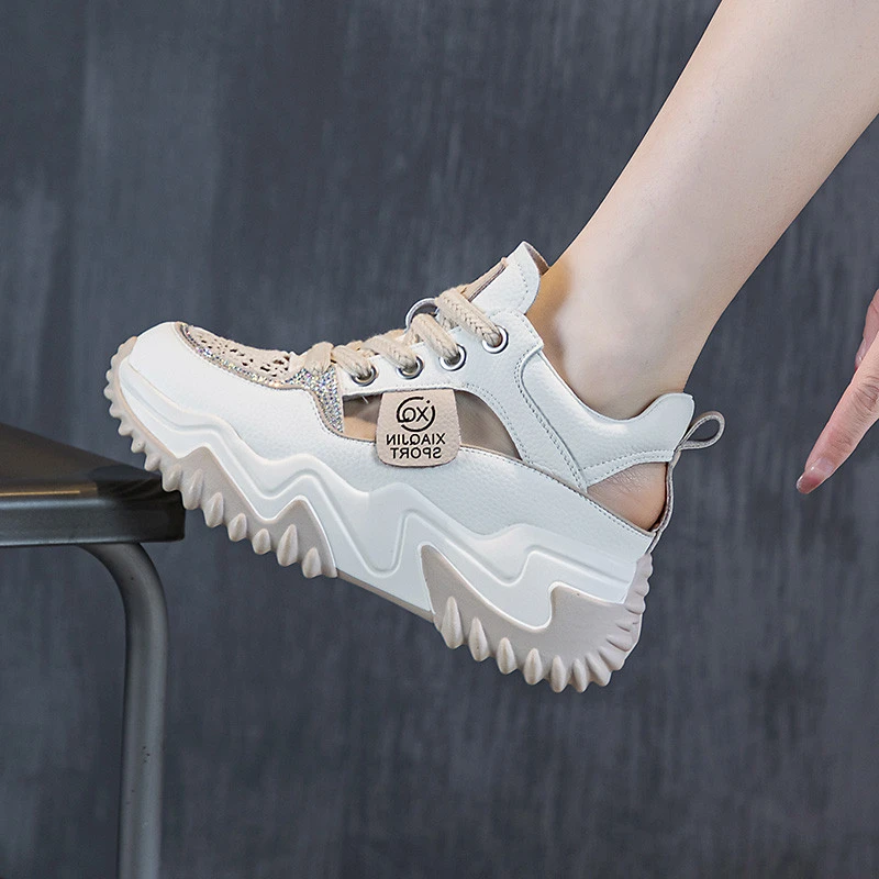 镂空透气真皮凉鞋女款内增高厚底2025新款夏季洞洞休闲老爹运动鞋