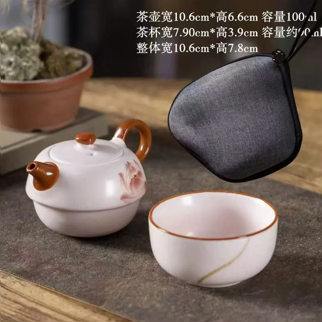 粉色汝窑荷花壶一壶一杯旅行茶具-4637