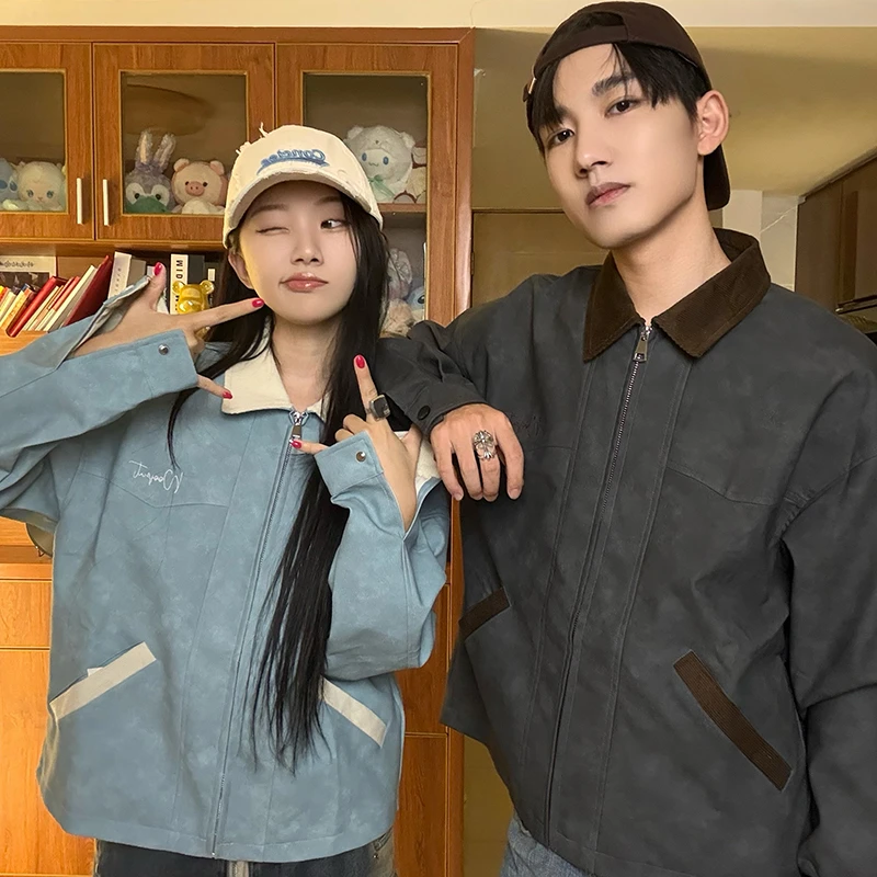 美式复古pu外套男工装撞色夹克做旧时尚百搭皮衣设计感高街情侣装