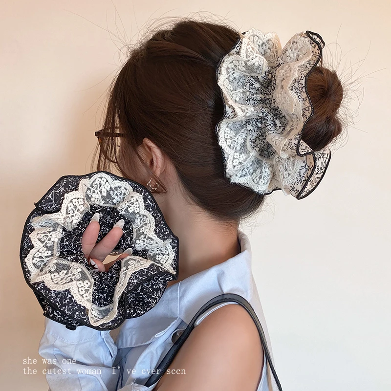 法式蕾丝碎花双层大肠发圈女高级感扎头发绳超大头花春季皮筋头绳