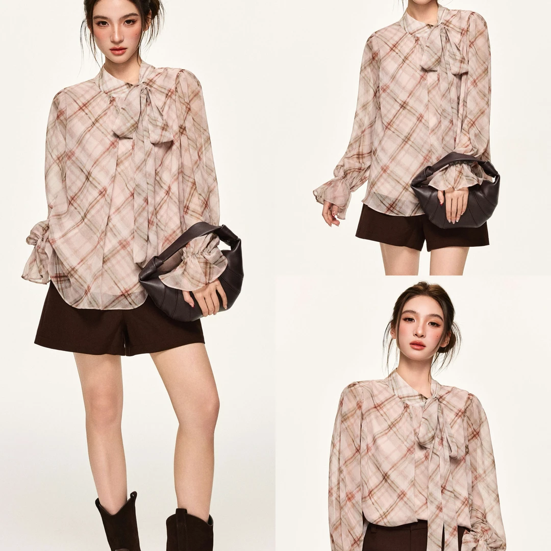 陈十五25早秋粉色撞色格纹蝴蝶结领喇叭袖小衫