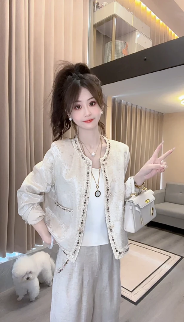 【流金岁月】早春钉珠复古优雅长袖小香风休闲宽松外搭女装外套