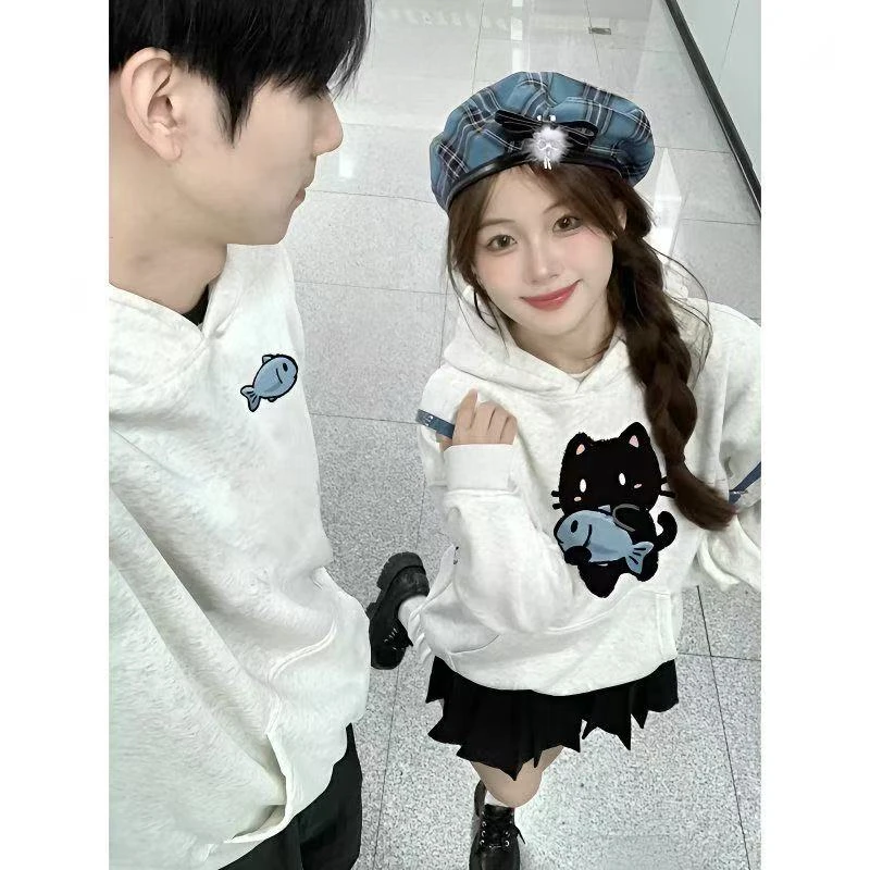 美式街头猫咪印花连帽卫衣学生宽松i潮ns慵懒风加绒加厚秋冬上衣