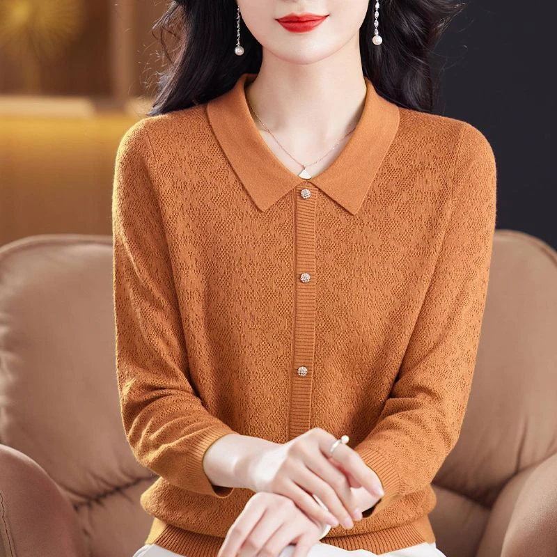 2025春秋针织翻领打底衫薄上衣女中老年冰丝透气九分袖纯色T恤衫