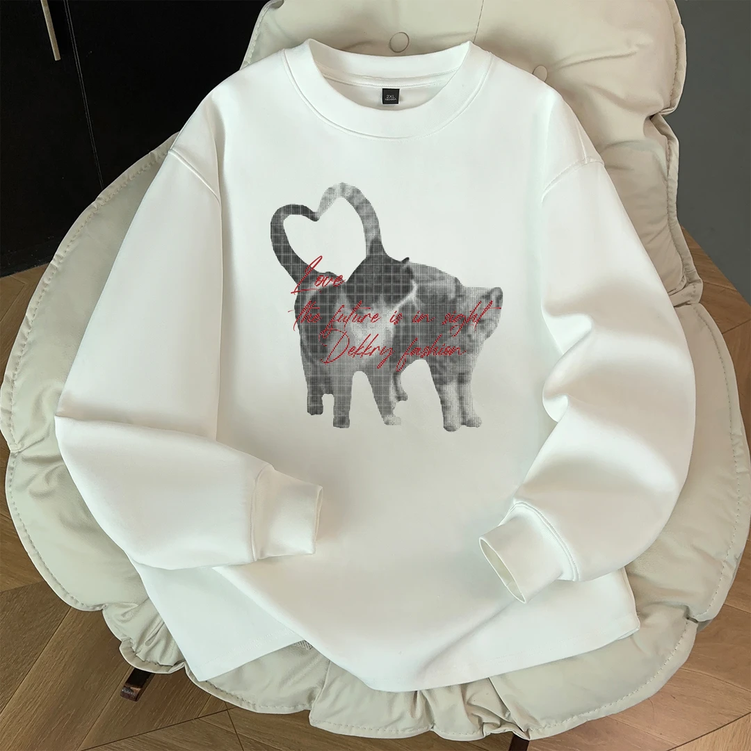100%纯棉美式创意小猫字母印花宽松长袖t恤男女秋季休闲情侣上衣