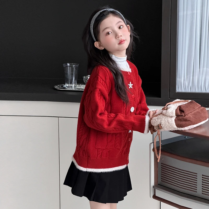 女童红色毛衣冬季2025新款洋气儿童针织衫新年衣服女孩冬装拜年服