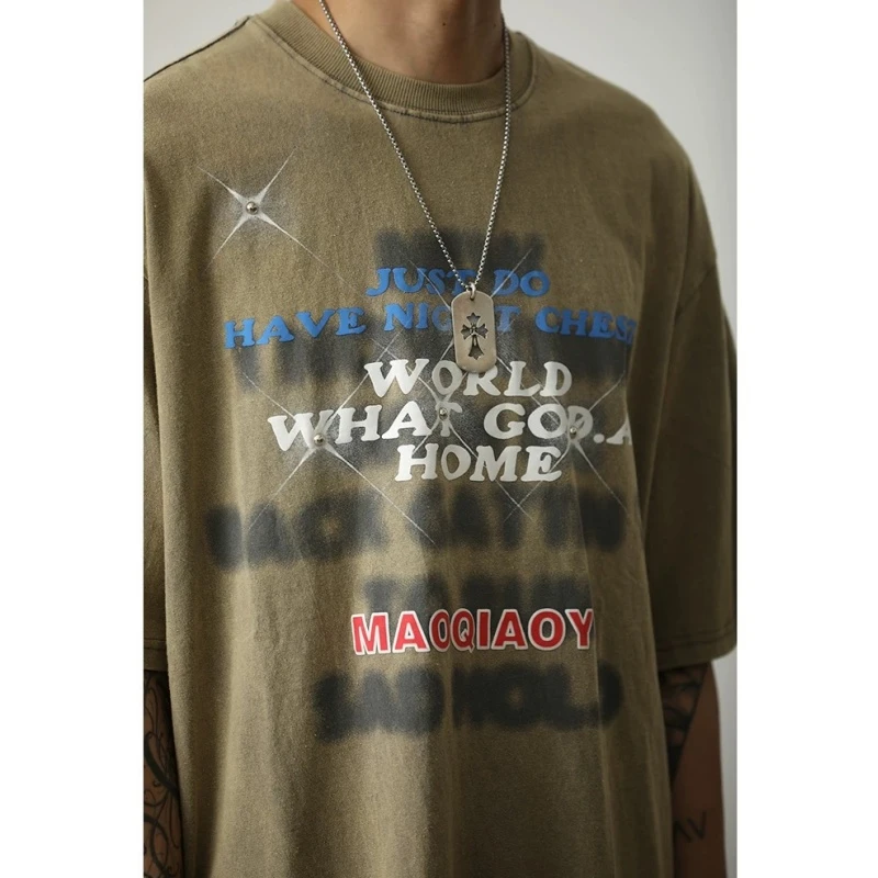 美式潮牌t恤男女夏季高街印花闪光珠做旧水洗宽松休闲短袖上衣服