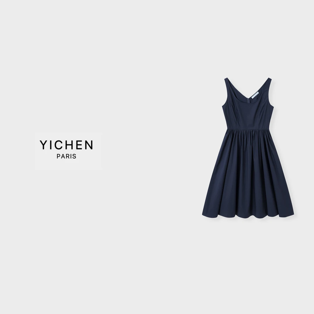 YC 深藏蓝徽标装饰V领极简收腰背心连衣裙-1974