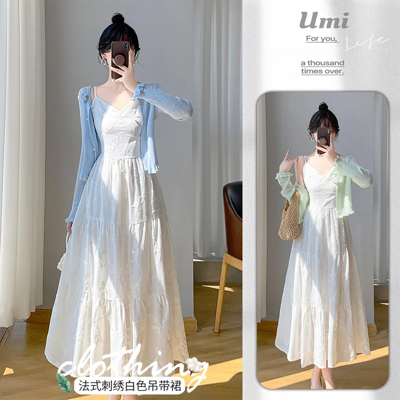2025法式感独特漂亮V领刺绣白色吊带连衣裙子女夏季开衫两件套装
