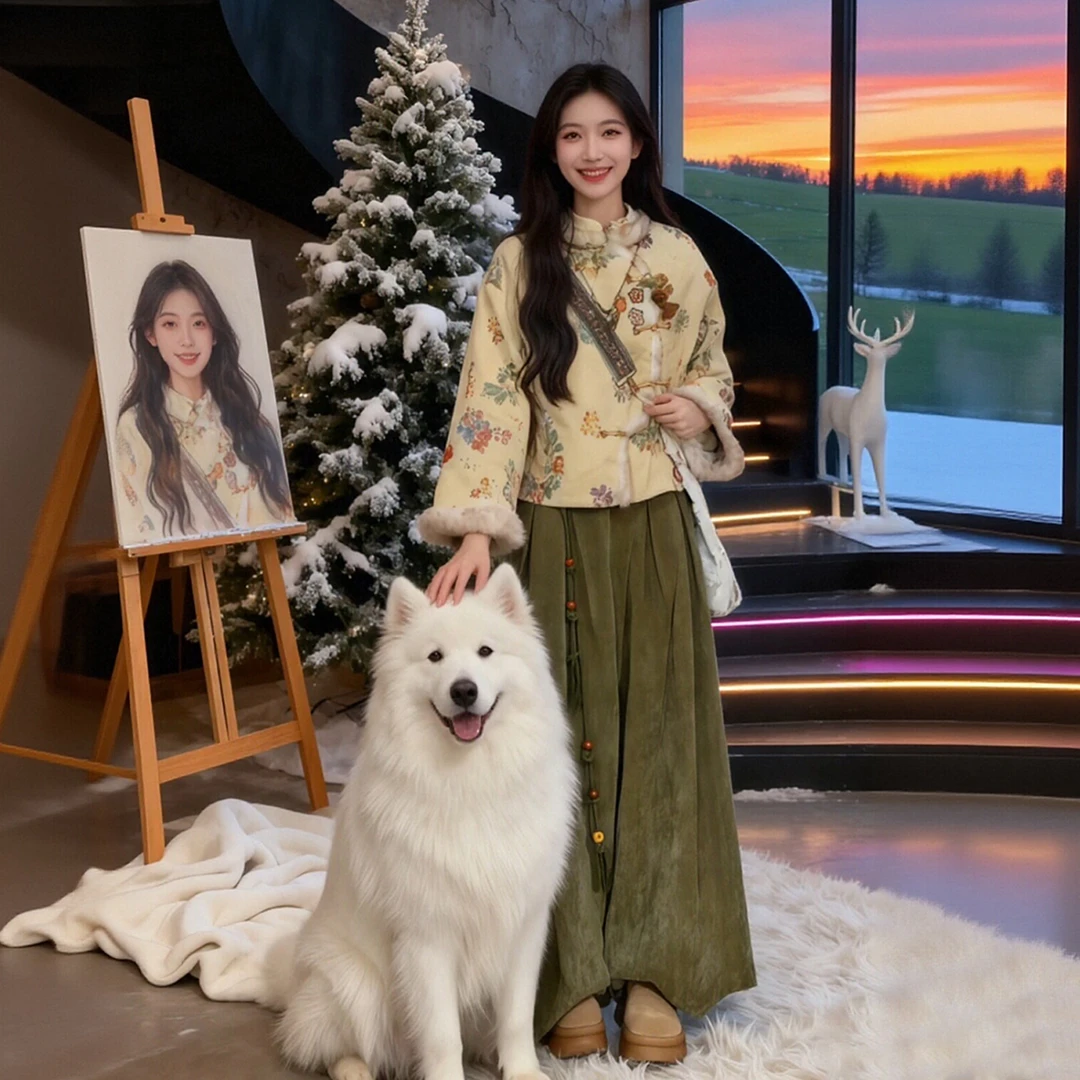 冬装一整套新中式复古中国风提花加绒外套保暖棉服阔腿裤两件套女