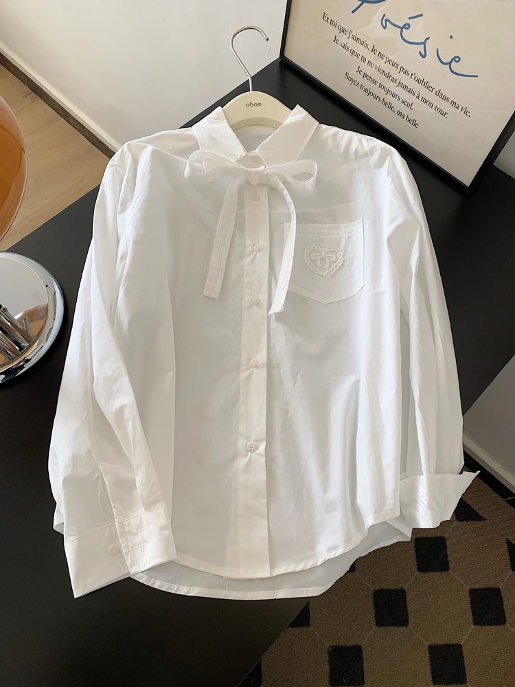 白色系带蝴蝶结蕾丝休闲长袖衬衫外套女宽松bf慵懒风正肩气质上衣