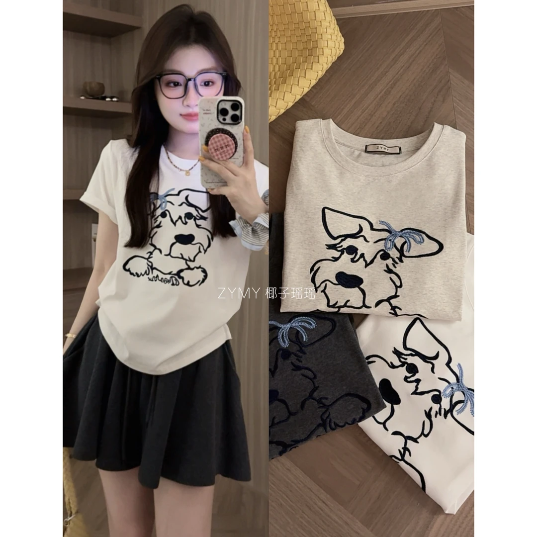 【松弛小狗】版型很好的圆领正肩显瘦蝴蝶结刺绣狗狗图案T恤短袖