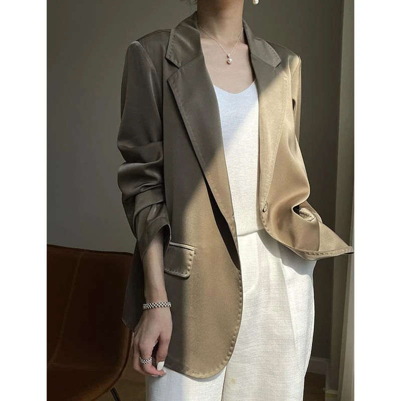 重磅醋酸缎面西装外套 日系春款防皱垂坠一粒扣西装西服