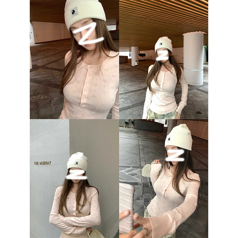 ‘温柔际遇’亨利领镂空针织衫秋季新款长袖修身显瘦打底上衣