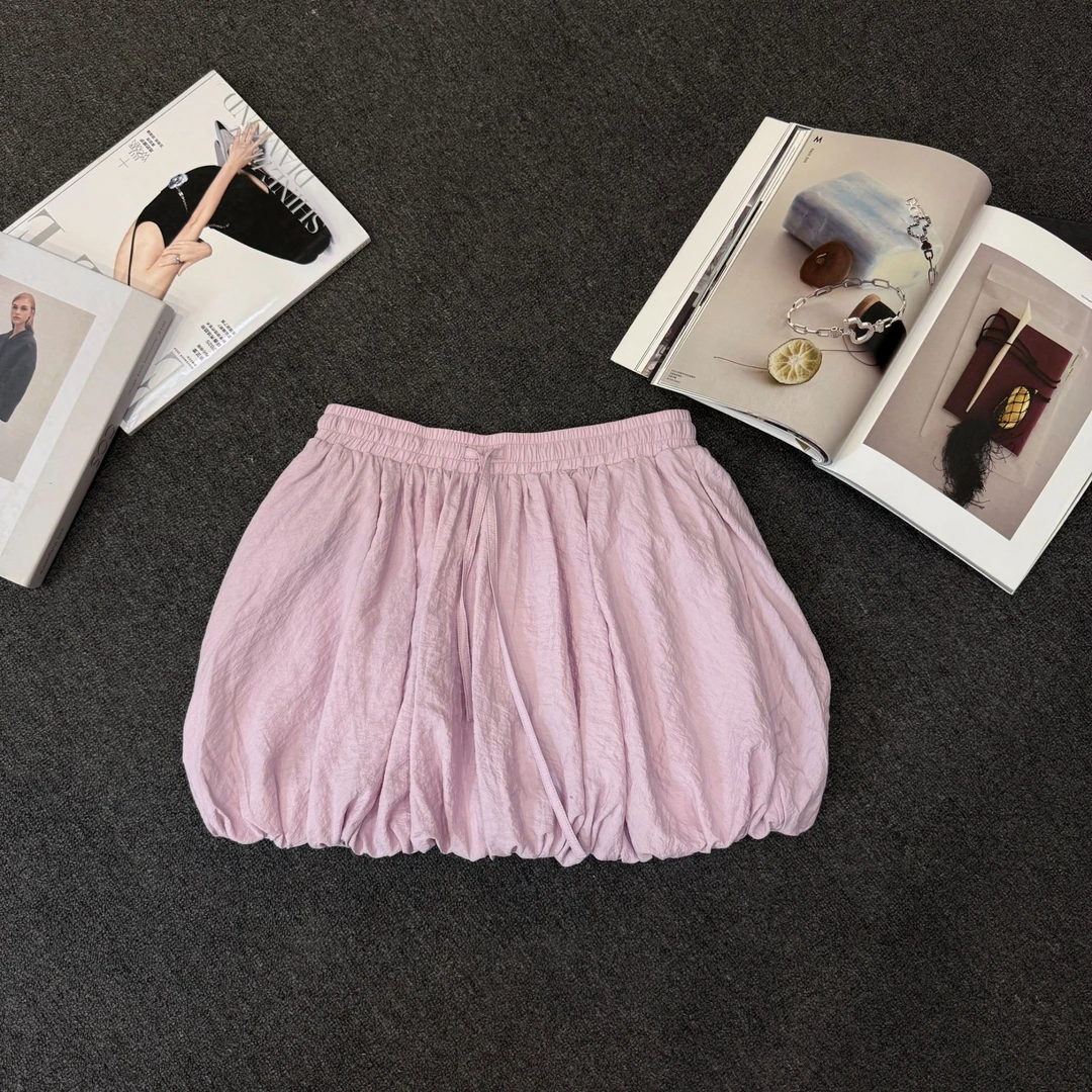 【塔鹿蕾】25年新款小众减龄松紧腰抽绳花苞短裙A383