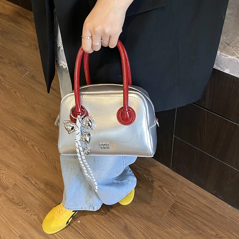 复古时尚银色手拎包洋气百搭职场单肩斜挎包4566银