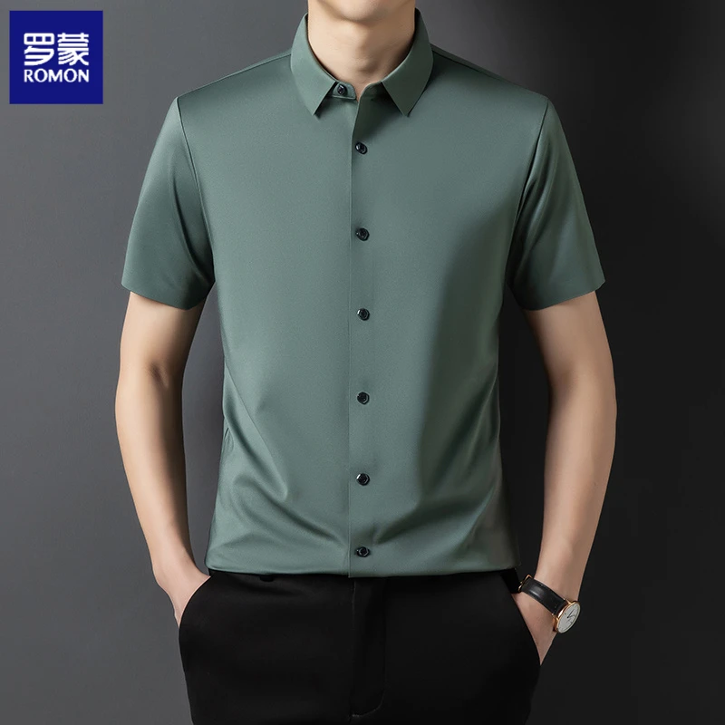 罗蒙2024夏季含桑蚕丝无痕短袖衬衫男士冰丝衬衣商务休闲薄款半袖