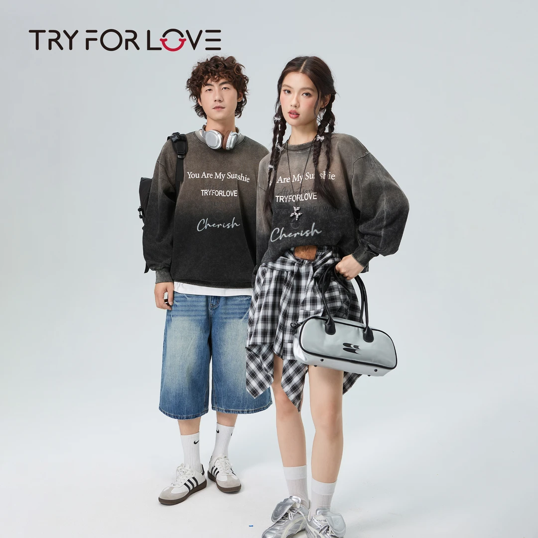 TRYFORLOVE秋冬新款复古美式潮卫衣宽松圆领情侣一长一短水洗卫衣