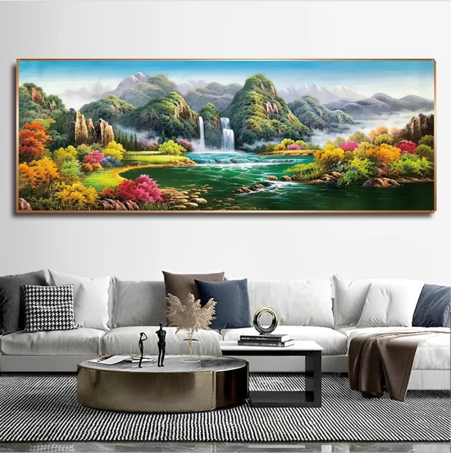 高山流水山水横幅画客厅沙发背景壁画办公房晶瓷立体镶钻装饰挂画