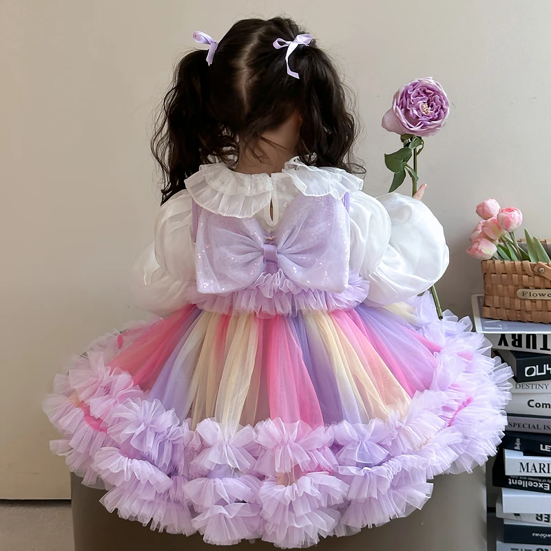 女小童彩虹背心连衣裙女宝宝洋气蝴蝶结蓬蓬纱裙生日礼服裙表演服