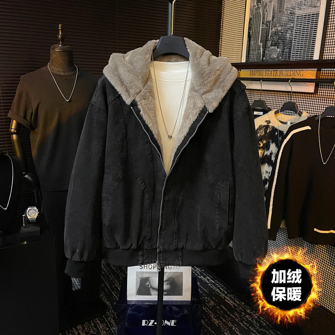 冬季原创高定扎染做旧设计翻领长袖加厚加绒保暖连帽外