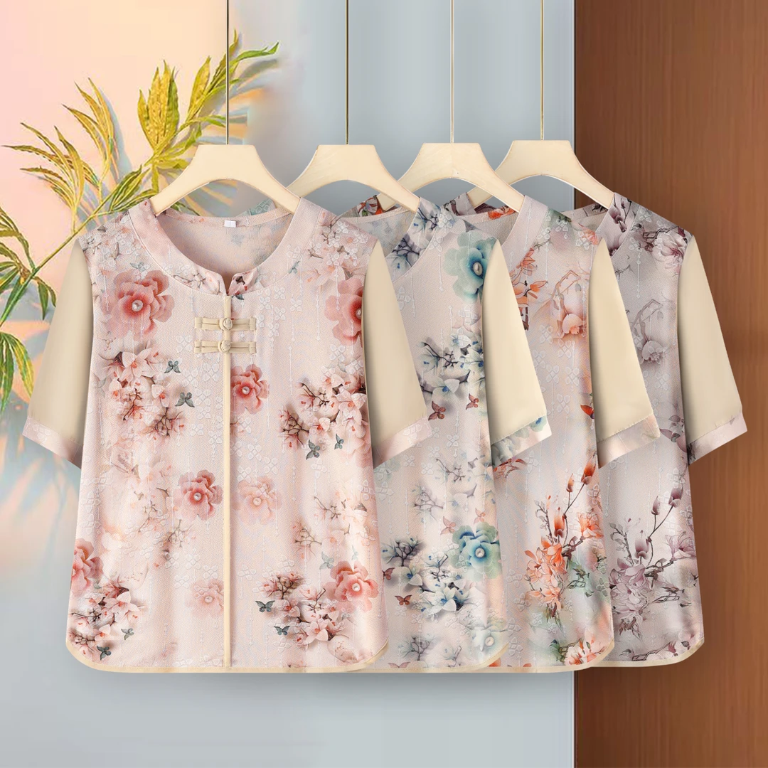 中老年妈妈短袖T恤女冰丝小衫夏装新款洋气60岁70老体恤衫夏季