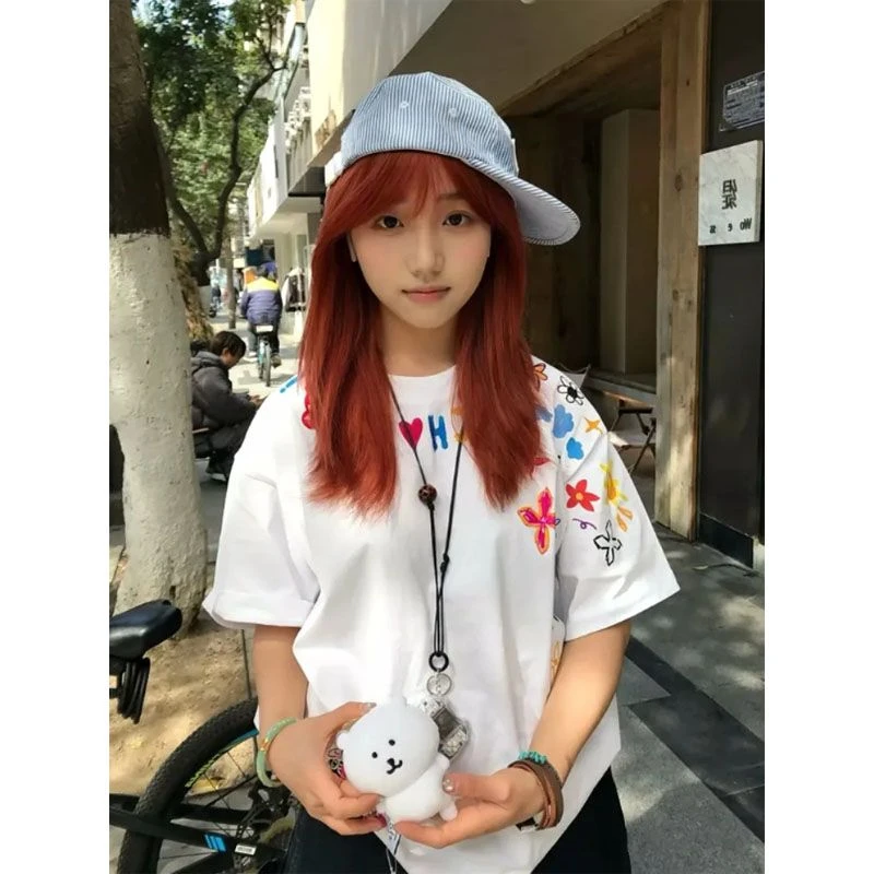 国潮牌手绘涂鸦重磅纯棉短袖t恤男女夏季宽松设计感情侣减龄上衣