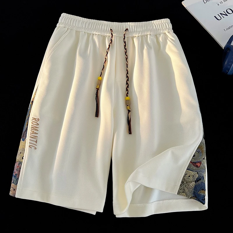 国风刺绣短裤男夏季青少年小熊裤子国潮五分休闲运动裤大码沙滩裤